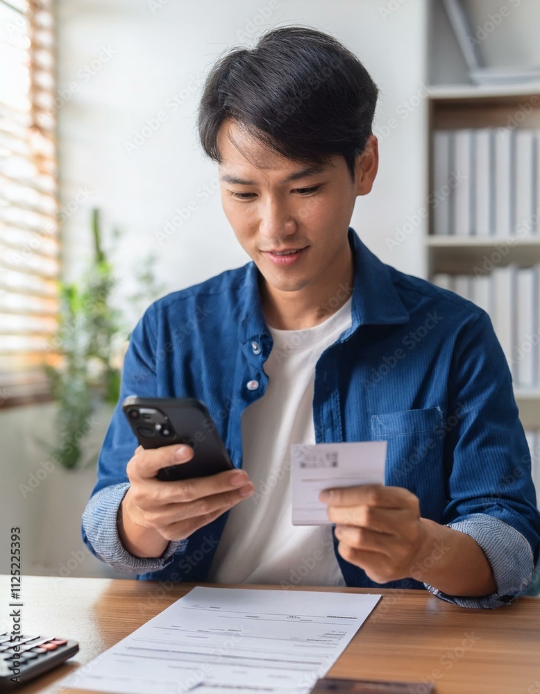 Generated image Bill pay concept. Online internet banking asian young man hand holding invoice Generated image Bill pay concept. Online internet banking asian young man hand holding invoice