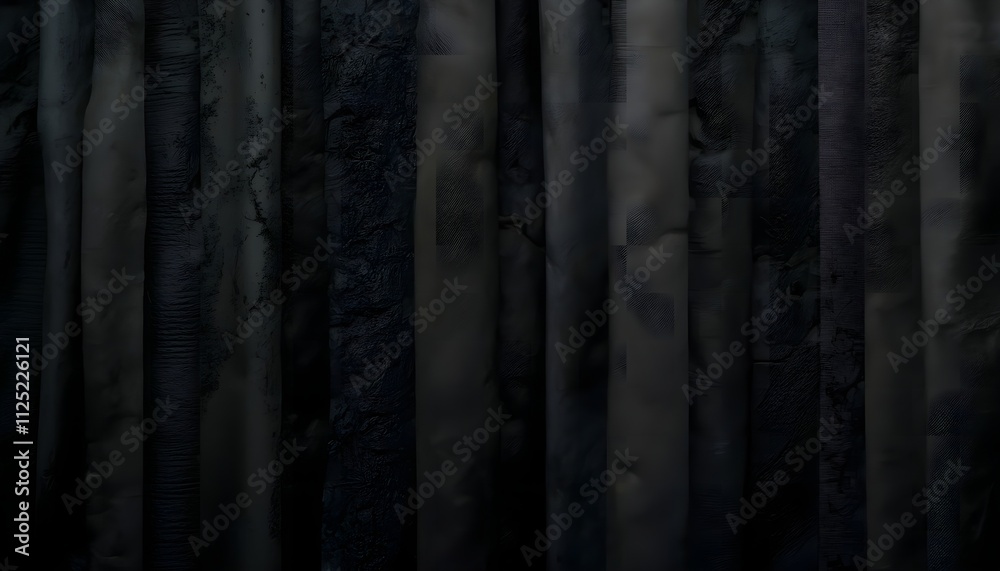 Textured black fabrics arranged vertically showcasing different shades and weaves for fashion or design projects Textured black fabrics arranged vertically showcasing different shades and weaves for fashion or design projects
