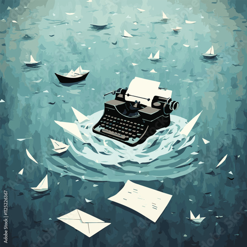 Tiny screenwriter sitting on retro typewriter, thinking screenplay while paper drafts flying around author. Vector illustration for creative job, book or story writing concept.	