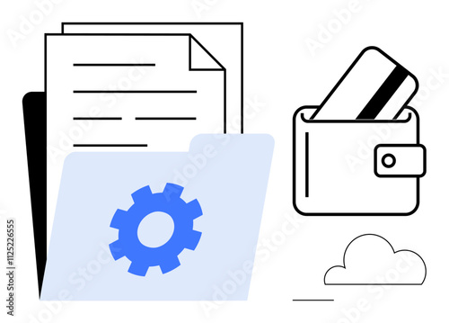 Wallet carrying a credit card, stack of documents, folder with a gear icon, and a cloud. Ideal for finance management, organizational tools, document storage, digital banking, personal finance cloud