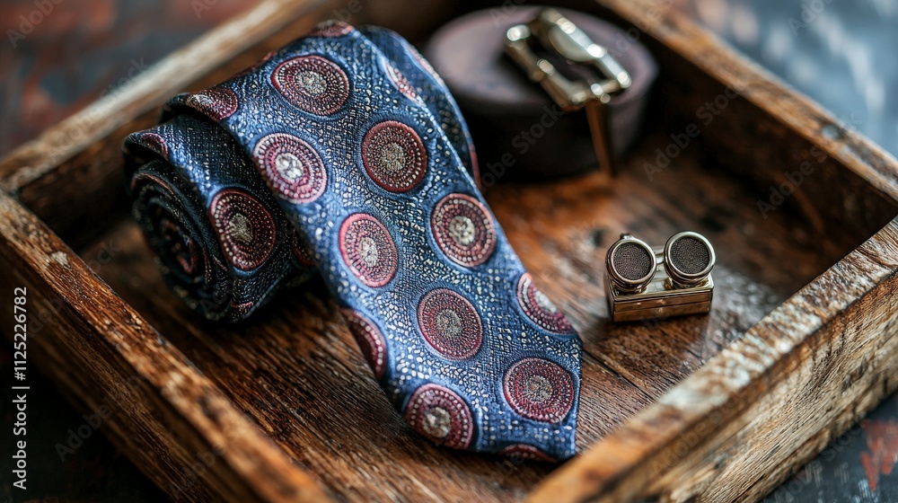 Elegant silk tie and cufflinks displayed on a wooden tray in a cozy setting perfect for formal occasions Elegant silk tie and cufflinks displayed on a wooden tray in a cozy setting perfect for formal occasions