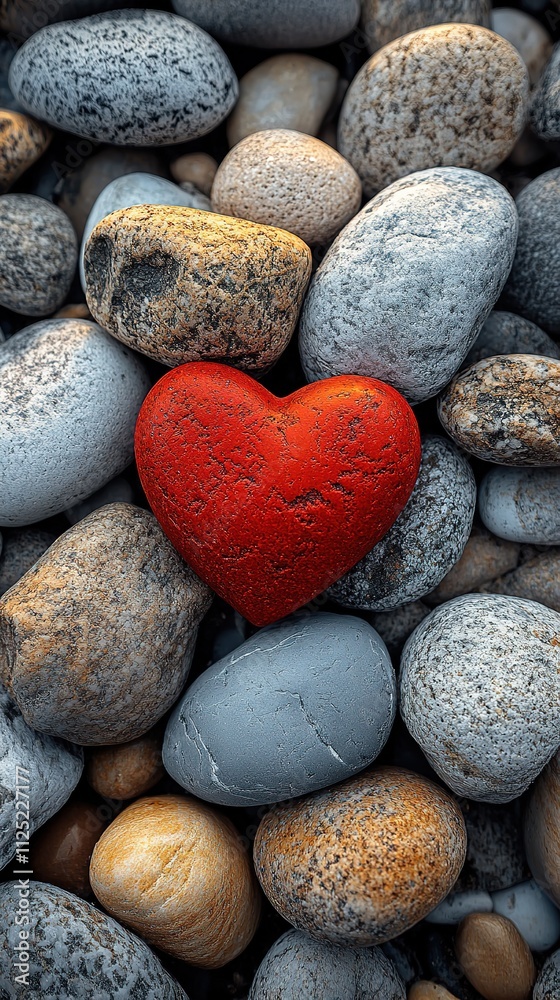 Red heart-shaped stone among grey pebbles. Red heart-shaped stone among grey pebbles.