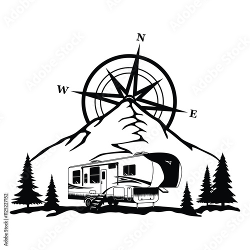 5th Wheel Camper, Compass, Camping, Hand Drawn Vector Illustration