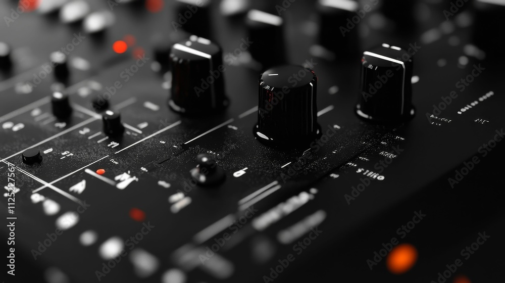 Black control panel; knobs, buttons, indicators. Black control panel; knobs, buttons, indicators.