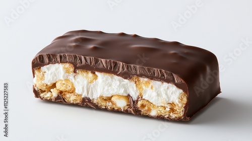 Half-eaten chocolate bar with marshmallow and crisp filling, isolated on white background.