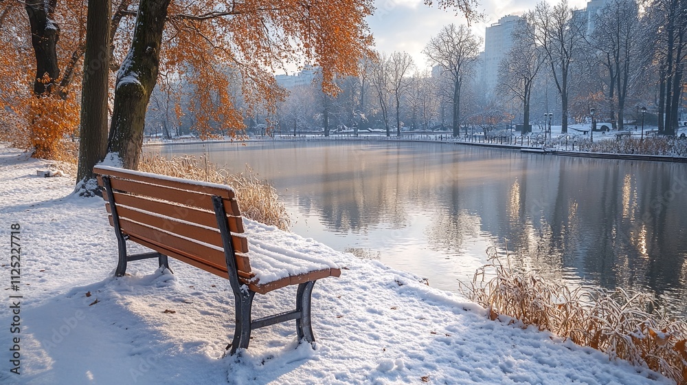 Naklejka premium Bench in the city snow covered winter park with a lake