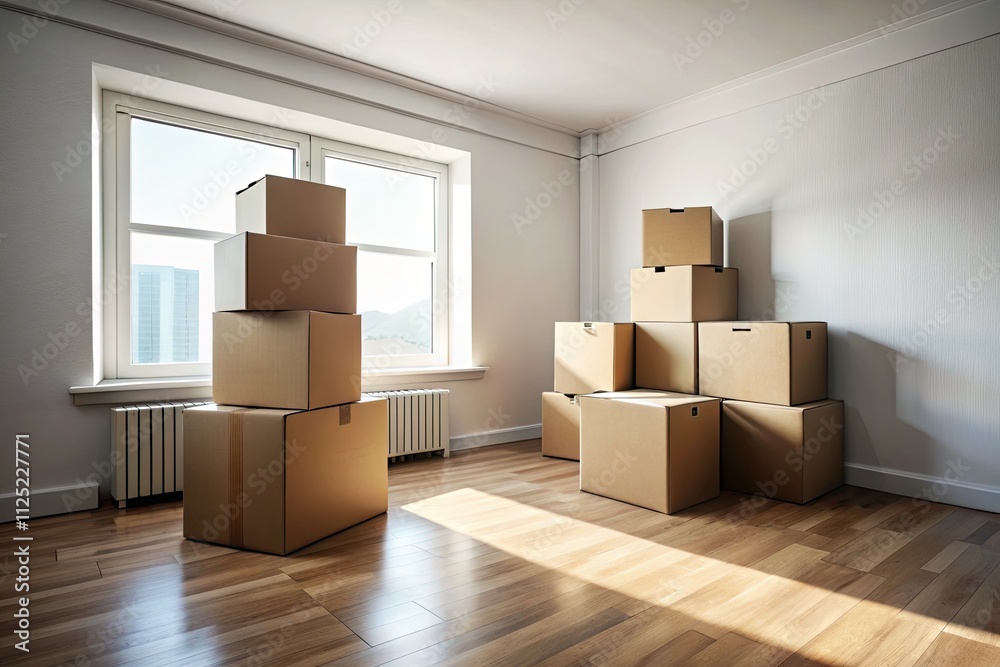 Empty apartment. White walls. Cardboard boxes float. Surreal relocation. Empty apartment. White walls. Cardboard boxes float. Surreal relocation.