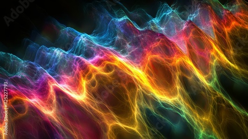 Abstract colorful energy, swirling, luminous waves.