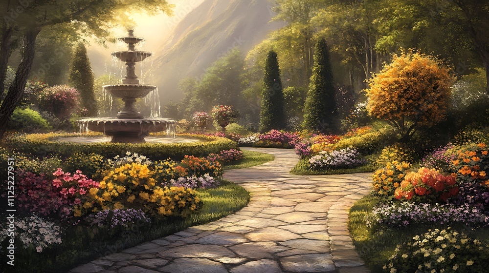 Serene garden path leads to a stone fountain amidst colorful flowers and lush greenery. Serene garden path leads to a stone fountain amidst colorful flowers and lush greenery.