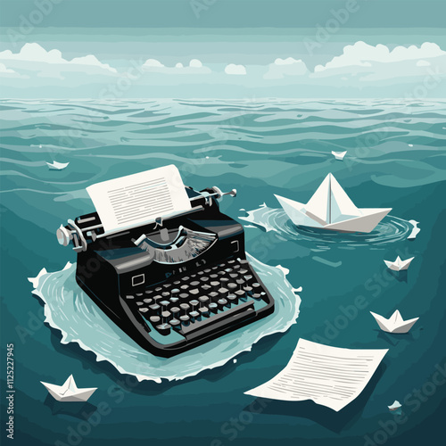 Tiny screenwriter sitting on retro typewriter, thinking screenplay while paper drafts flying around author. Vector illustration for creative job, book or story writing concept.	