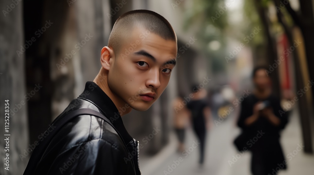 Man with a shaved head and a black jacket Man with a shaved head and a black jacket