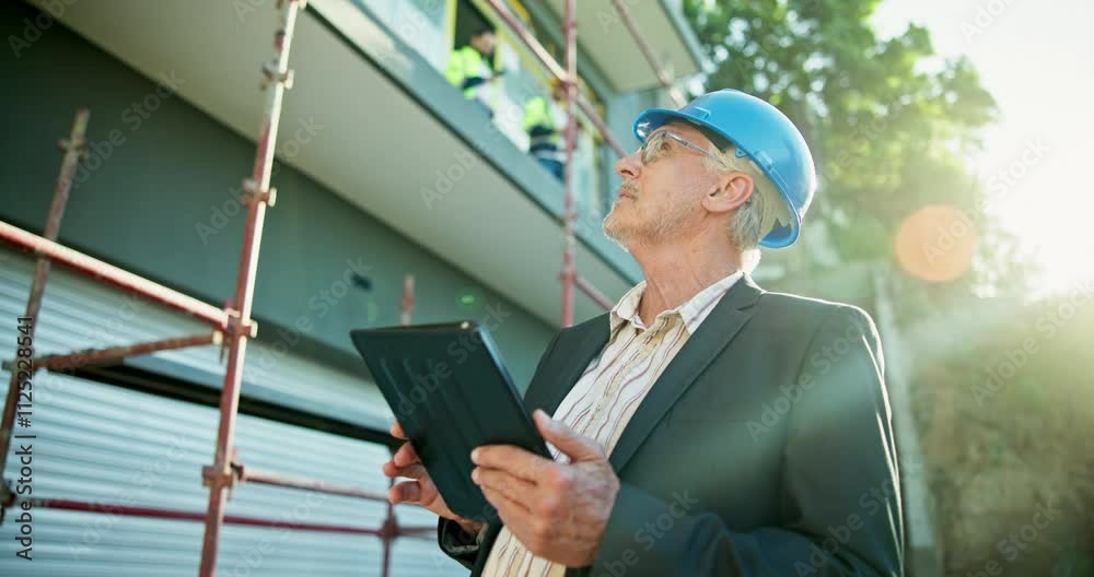 Engineer, man and tablet with building inspection for project management, quality assurance or safety compliance. Construction, mature person or digital checklist for risk assessment or site progress