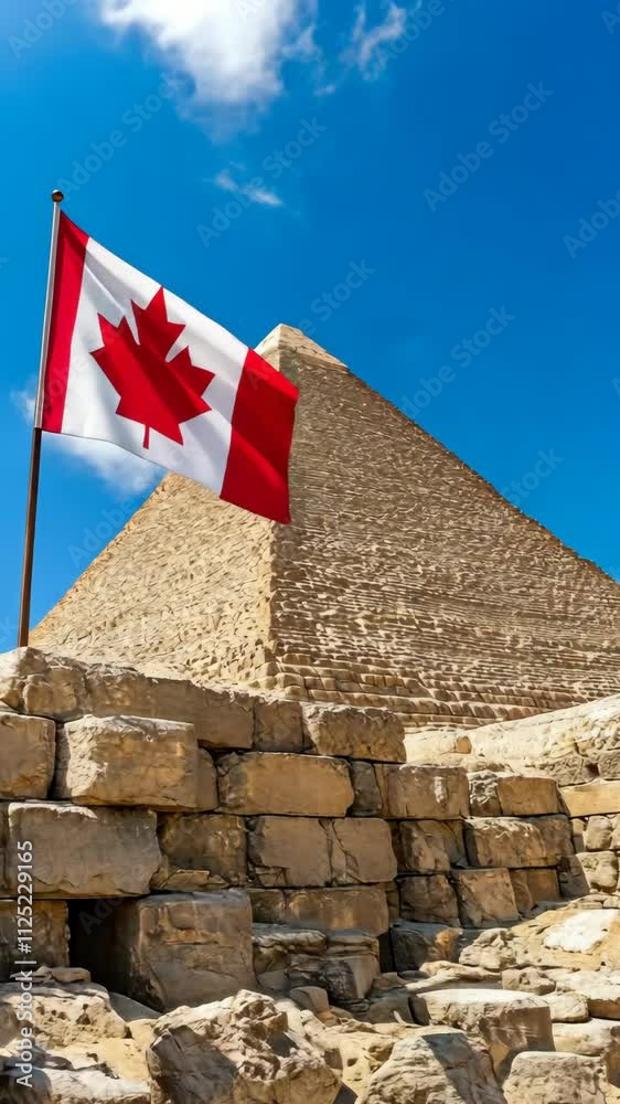 Canadian flag waves proudly in front of the Great Pyramid of Giza under ...