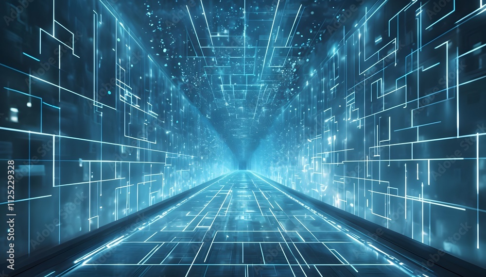 Endless Digital Corridor with Illuminated Geometric Patterns on Walls and Floor Endless Digital Corridor with Illuminated Geometric Patterns on Walls and Floor