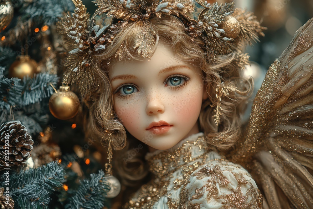 A beautifully crafted doll with angelic features, adorned with festive decorations. A beautifully crafted doll with angelic features, adorned with festive decorations.