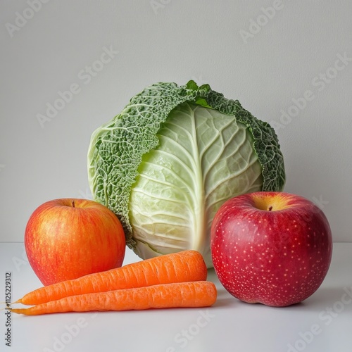 Fresh cabbage and apples with carrots on a light background. photo