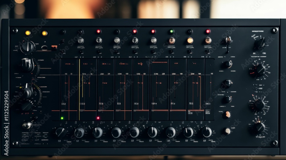 Dark control panel; numerous knobs, lights, meters. Dark control panel; numerous knobs, lights, meters.