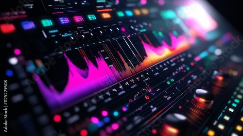 Neon-lit audio mixer, vibrant waveforms.