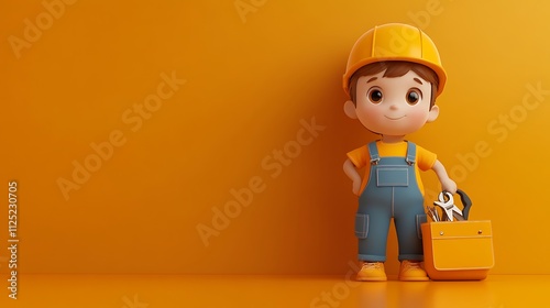 Cute 3D Boy in Overalls with Helmet and Toolbox