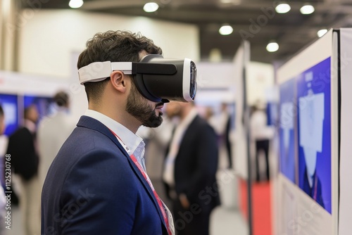 A professional navigating a virtual reality (VR) job fair with digital booths and networking opportunities, VR career fair theme, Corporate style photo