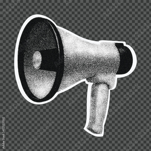 Halftone megaphone illustration Announcement  with halftone stipple effect, for grunge punk y2k collage design. Pop art style dotted 