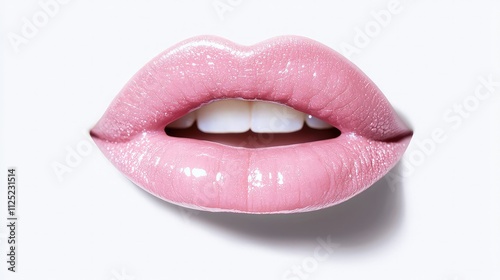 Close-up of glossy pink lips and teeth against a white background.
