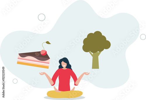 Woman choosing between healthy and unhealthy food .flat characters.