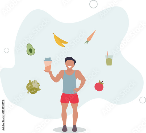 Male trainer with healthy food. Balanced diet, personal sport training.flat characters.