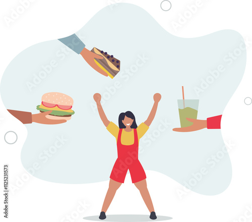 Healthy and unhealthy food. Girl offered vegetables and sweets. Difficult choice between active and sedentary lifestyle,flat characters.