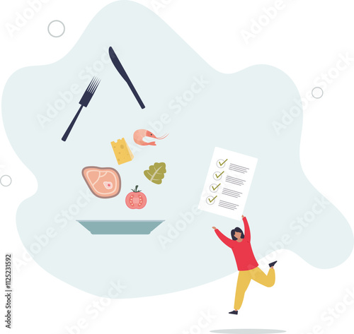 Healthy meal planning with daily food ingredients list .Weekly eating schedule with plan for slimming.flat characters.