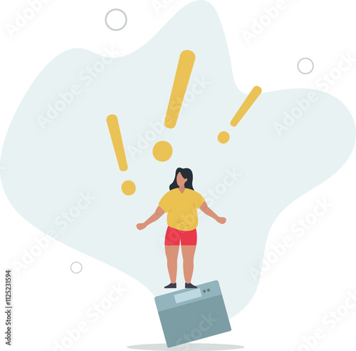 Unhappy obese people. Overweight woman .stand on scales and unpleasantly surprised.flat characters.
