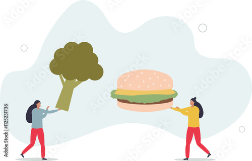 Unhealthy nutrition concept. Diet and ration, active and sedentary lifestyle.flat characters.