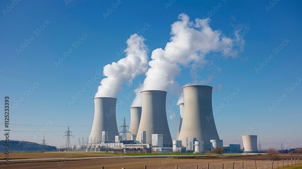 Four white cooling towers emit smoke in an open countryside under a bright blue sky, varying in size. Yellow grass and power lines can be seen in the surroundings. Four white cooling towers emit smoke in an open countryside under a bright blue sky, varying in size. Yellow grass and power lines can be seen in the surroundings.