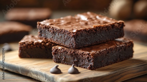 Three rich chocolate brownies are neatly stacked on a wooden board. Chocolate chips are placed nearby, highlighting the deliciousness of this sweet treat, perfect for dessert lovers.