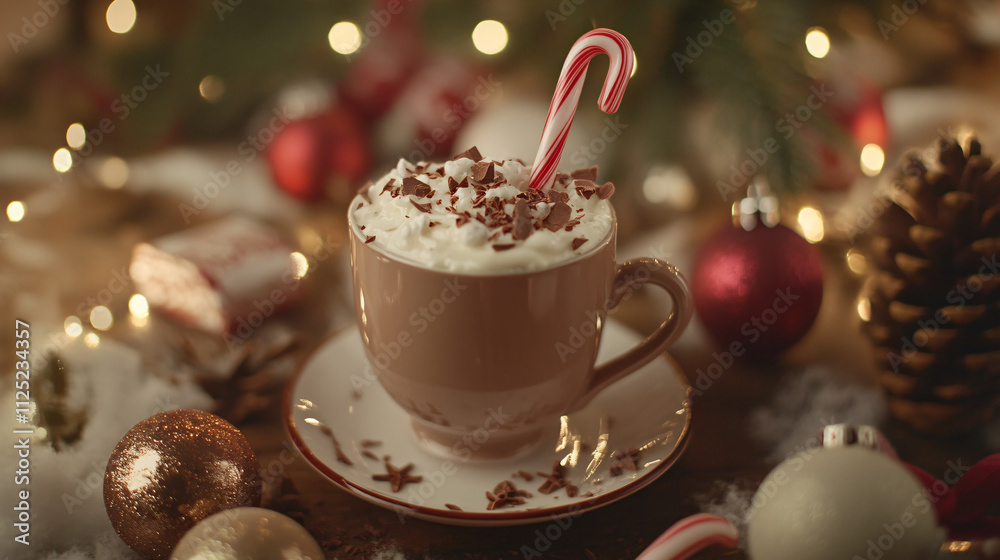 Hot chocolate served with a candy cane stirrer and festive holiday decorations.