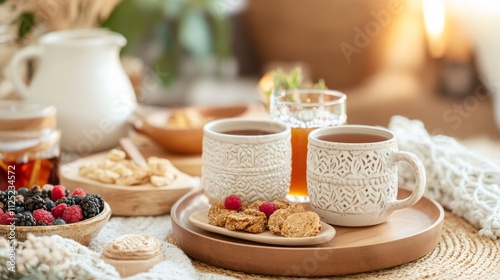 Wallpaper Mural boho kombucha setup, a rustic setting with kombucha in unique cups and nutritious snacks on a bohemian table adorned with nature-inspired elements Torontodigital.ca