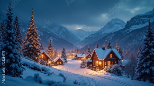 beautiful snowy christmas village in mountains landscape in night