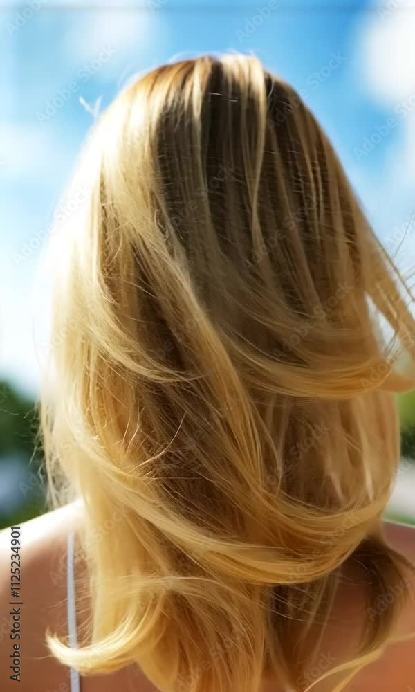 A woman with flowing blonde hair stands against a blue sky. A woman with flowing blonde hair stands against a blue sky.