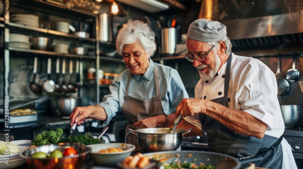 Two elderly chefs collaborate in a kitchen, one stirring a pot on the stove, the other seasoning broccoli. A display of teamwork and cooperation. Two elderly chefs collaborate in a kitchen, one stirring a pot on the stove, the other seasoning broccoli. A display of teamwork and cooperation.