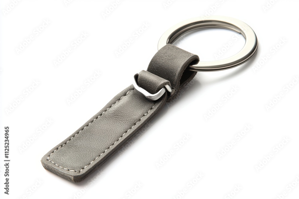 Gray leather keychain with a metallic ring, isolated on a white background Gray leather keychain with a metallic ring, isolated on a white background