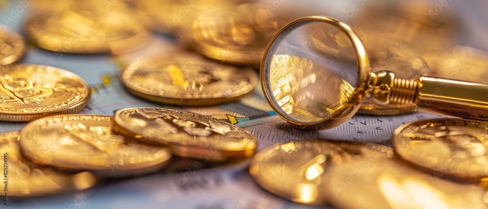 Magnifying glass on coins evokes wealth scrutiny. Disarray and focus symbolized by scattered coins and magnifying glass over one coin. Magnifying glass on coins evokes wealth scrutiny. Disarray and focus symbolized by scattered coins and magnifying glass over one coin.