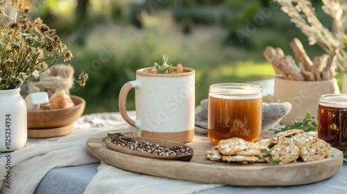 Wallpaper Mural bohemian kombucha scene, warm setting with kombucha in handcrafted mugs, array of wholesome treats, on a bohemian table with earthy accents Torontodigital.ca