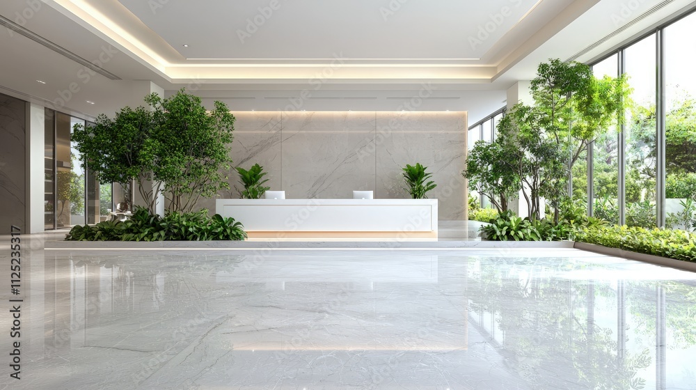 Modern minimalist lobby with marble floor, white reception desk, and lush indoor plants. Modern minimalist lobby with marble floor, white reception desk, and lush indoor plants.