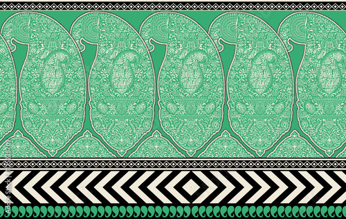 This bold design features a row of intricately patterned green peacocks set against a teal background, with a striking black and white zigzag border below. The exotic, elegant composition makes it per photo