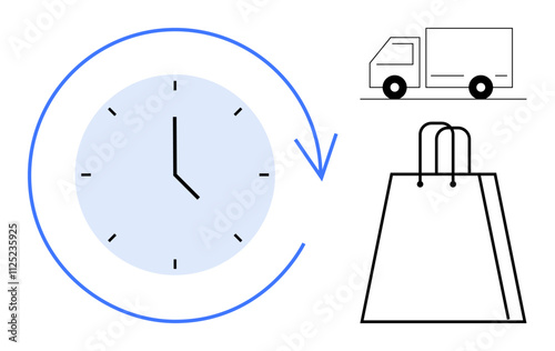 Clock with a clockwise arrow, delivery truck, and shopping bag. Ideal for time management, logistics, delivery, shopping, scheduling e-commerce and customer service concepts. Line metaphor