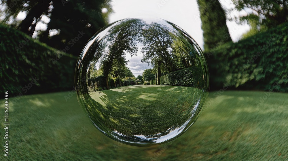 Sphere reflects garden; green lawns, trees, hedges. Sphere reflects garden; green lawns, trees, hedges.