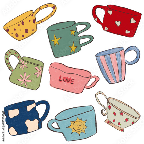 set of different cups, hand painted in mixed media, isolated on white background.