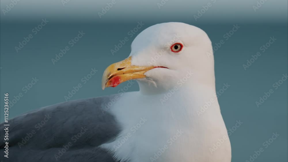 Close up of a seagull at the beach with a blurry view of the sea on the background Close up of a seagull at the beach with a blurry view of the sea on the background
