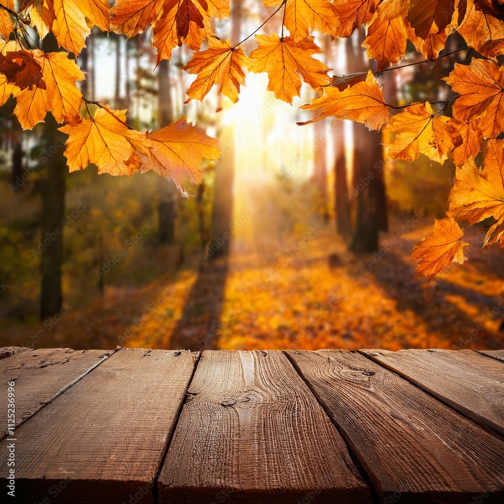 Nature’s Beauty: Orange Leaves and Wooden Plank at Dusk Nature’s Beauty: Orange Leaves and Wooden Plank at Dusk