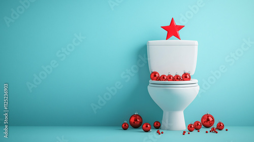 A creative and original arrangement of a toilet bowl decorated with red Christmas ornaments and a star on top, on solid ice blue background, in the spirit of Christmas and New Year
